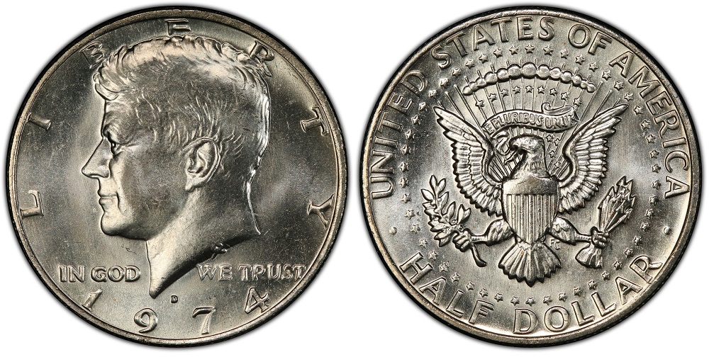 Side-by-side comparison of 1974-D Kennedy Half Dollar WE TRUST lettering: left shows normal letters, right shows DDO FS-101 with thick, notched letters where hub doubling creates visible rounded separation