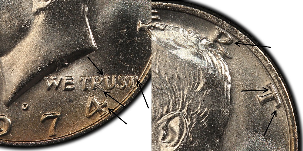 1974-D Kennedy Half Dollar DDO FS-101 under 10x magnification showing thick, notched WE TRUST letters with rounded separation at letter corners — the most dramatic doubled die of the clad Kennedy series