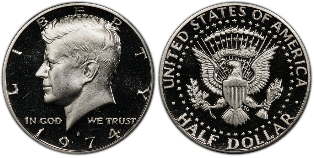 1974-S Kennedy Half Dollar proof Deep Cameo showing frosted JFK portrait against deeply mirrored black fields — a top-grade DCAM designation worth up to $7,931 in PR70
