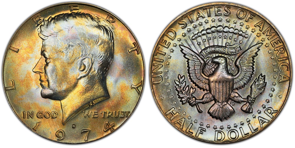Three 1974 Kennedy Half Dollars showing all three mint issues: Philadelphia (no mint mark), Denver (D), and San Francisco proof (S) — representing all 1974 production