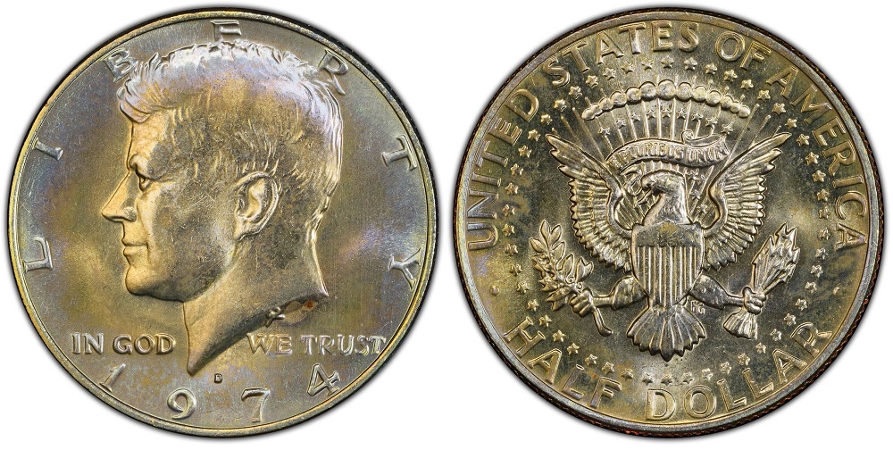 1974 Kennedy Half Dollar grading strip showing four condition levels: heavily worn G, lightly circulated AU, uncirculated MS63, and gem MS65 for visual comparison
